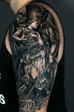 Black Work Shoulder Piece Freya The Charming Goddess Tattoos