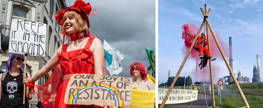 Left: a woman in a red dress and hat holds a placard saying Our joy is an act of resistance. Right: protestor in red jumpsuit hangs from a tripod holding a red smoke flare, with oil refinery in background