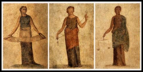 "The Moerae: Atropus,  Clotho and Lachesis". Frescoes (135-140 BC). Ostia Antica, Italy.