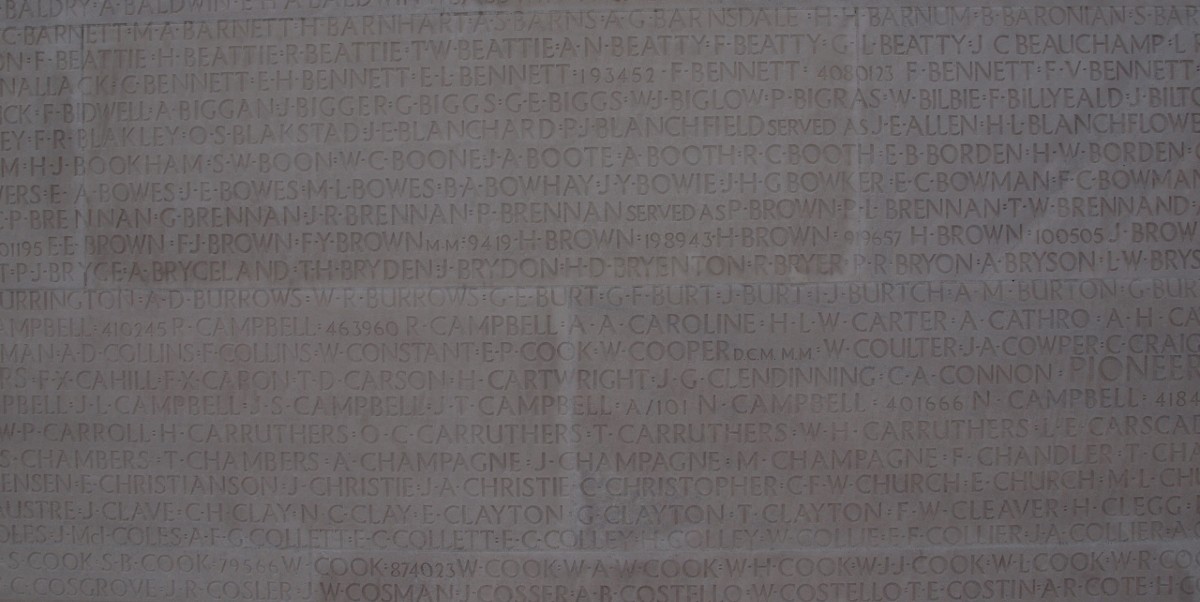 Names of soldier killed in WW1 engraved into sandstone walls of the Vimy Memorial, France