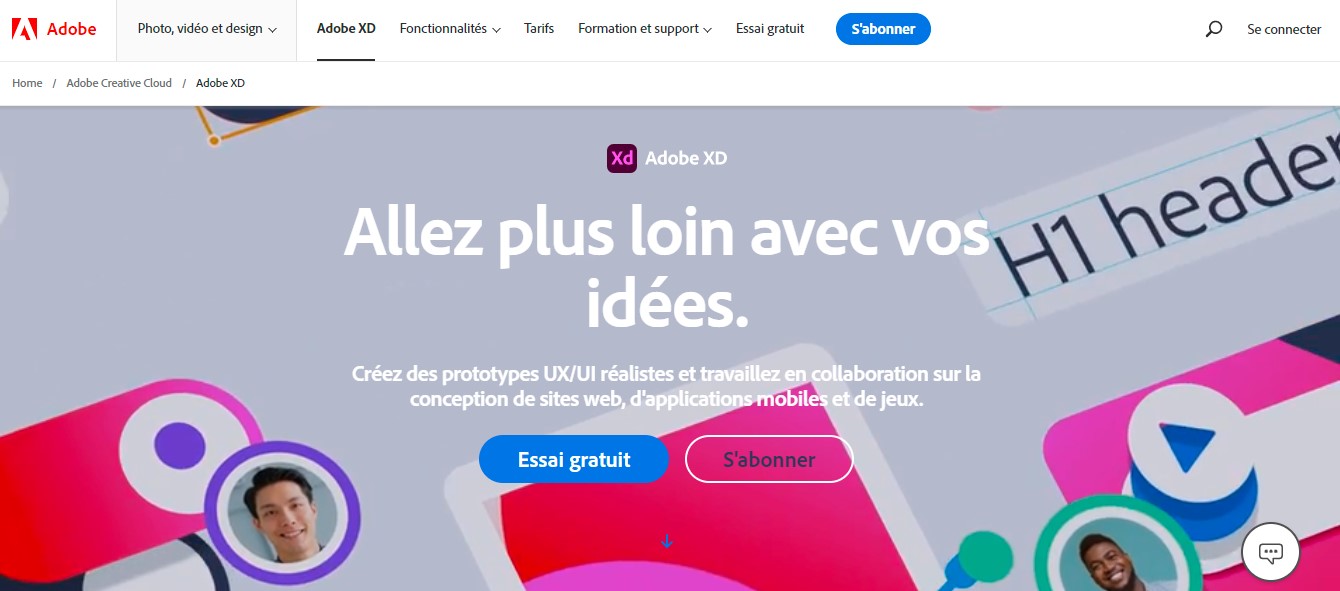 Page d'accueil d'Adobe XD