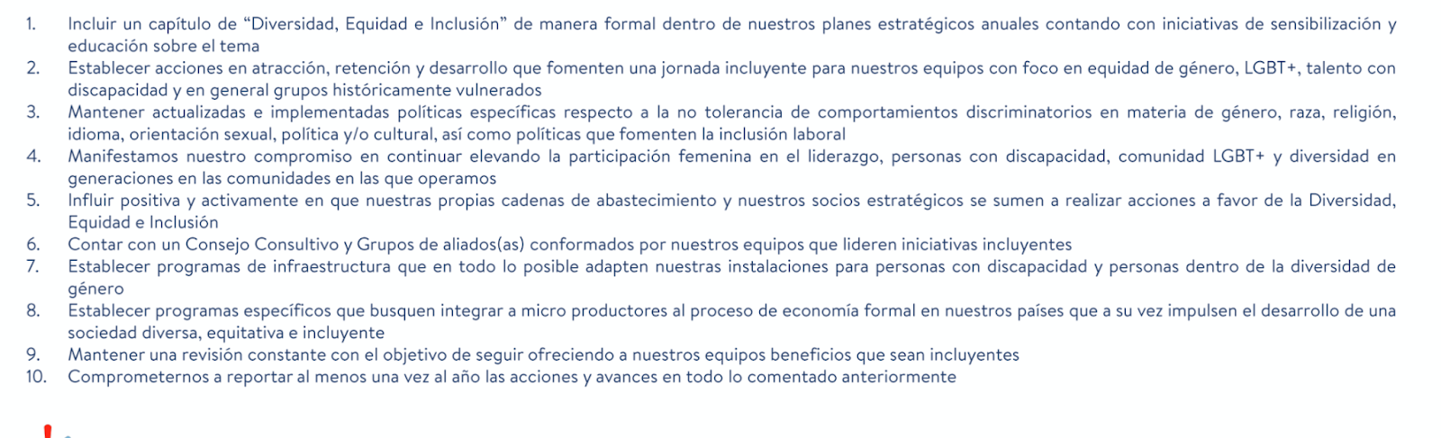 Decálogo de buenas prácticas de Diversidad, Equidad e Inclusión que habla sobre la creación y fomento de iniciativas incluyentes para personas con discapacidad.