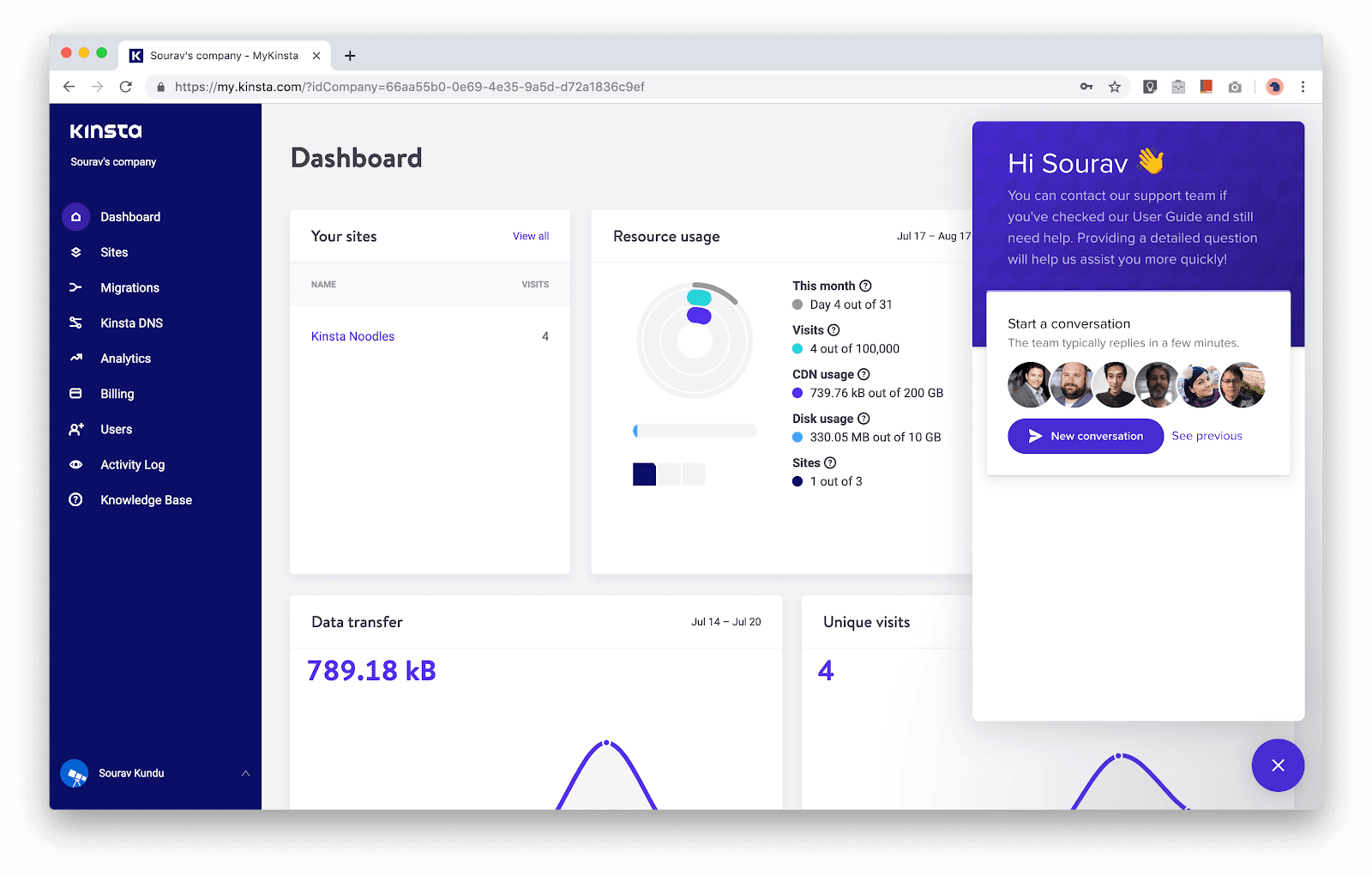 captura de tela do suporte kinsta em execução no intercomunicador
