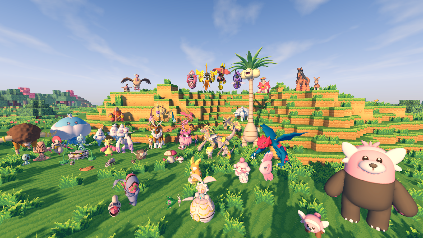 A screenshot of gameplay showing a variety of Pokemon stood together
