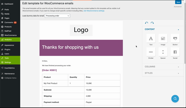 Gif demonstrating the drag-and-drop editor in MailPoet's WooCommerce email customizer