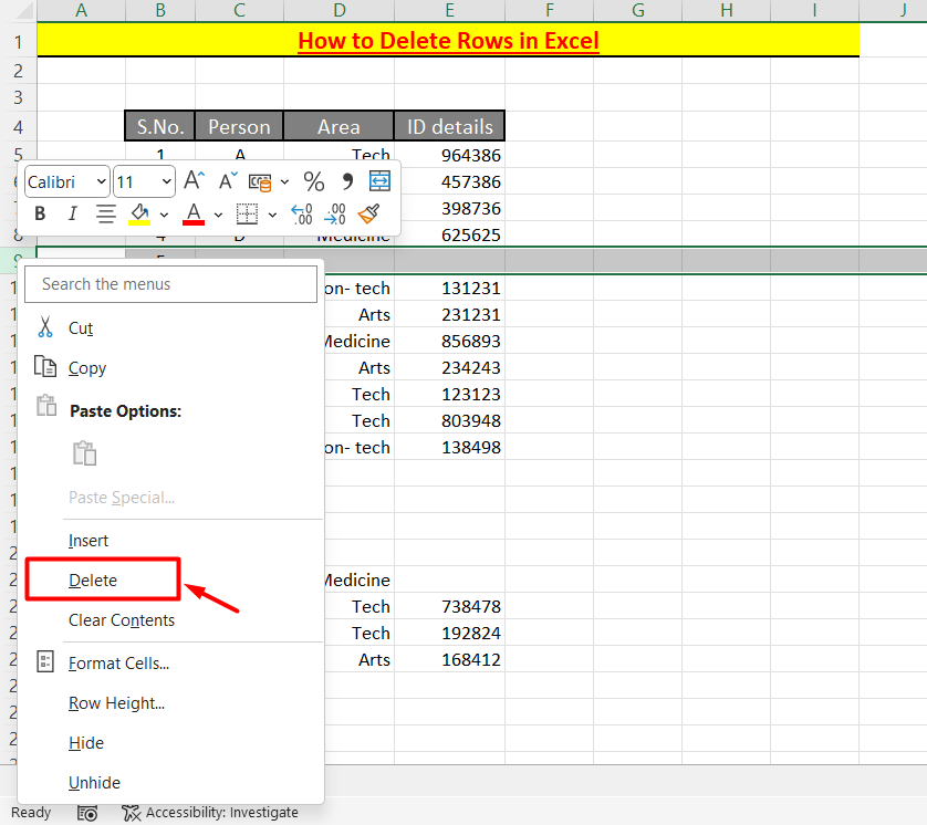 How to delete rows in Excel- Right-click and select delete.