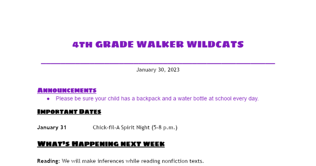 4th Grade Newsletter 1/30/23