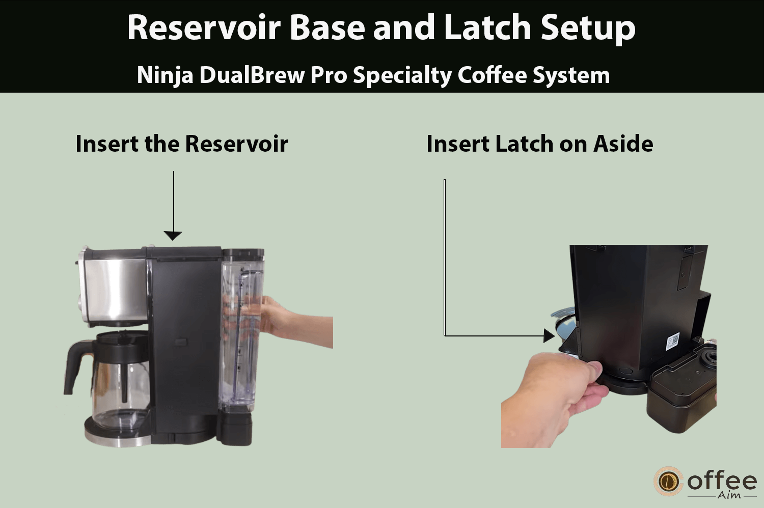 "This image depicts the sequential steps for the Ninja DualBrew Pro Specialty Coffee System: first, inserting the reservoir at the back, followed by attaching the latch on the side, as detailed in the article 'How to Use Ninja DualBrew Pro Specialty Coffee System, Compatible with K-Cup Pods, and 12-Cup Drip Coffee Maker?'"