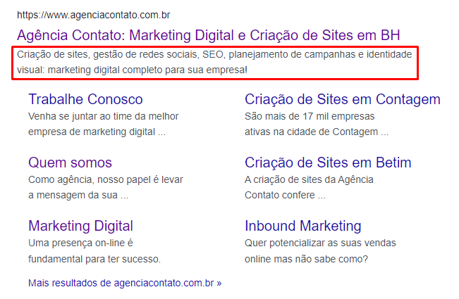 Meta description da Agência Contato no Google.