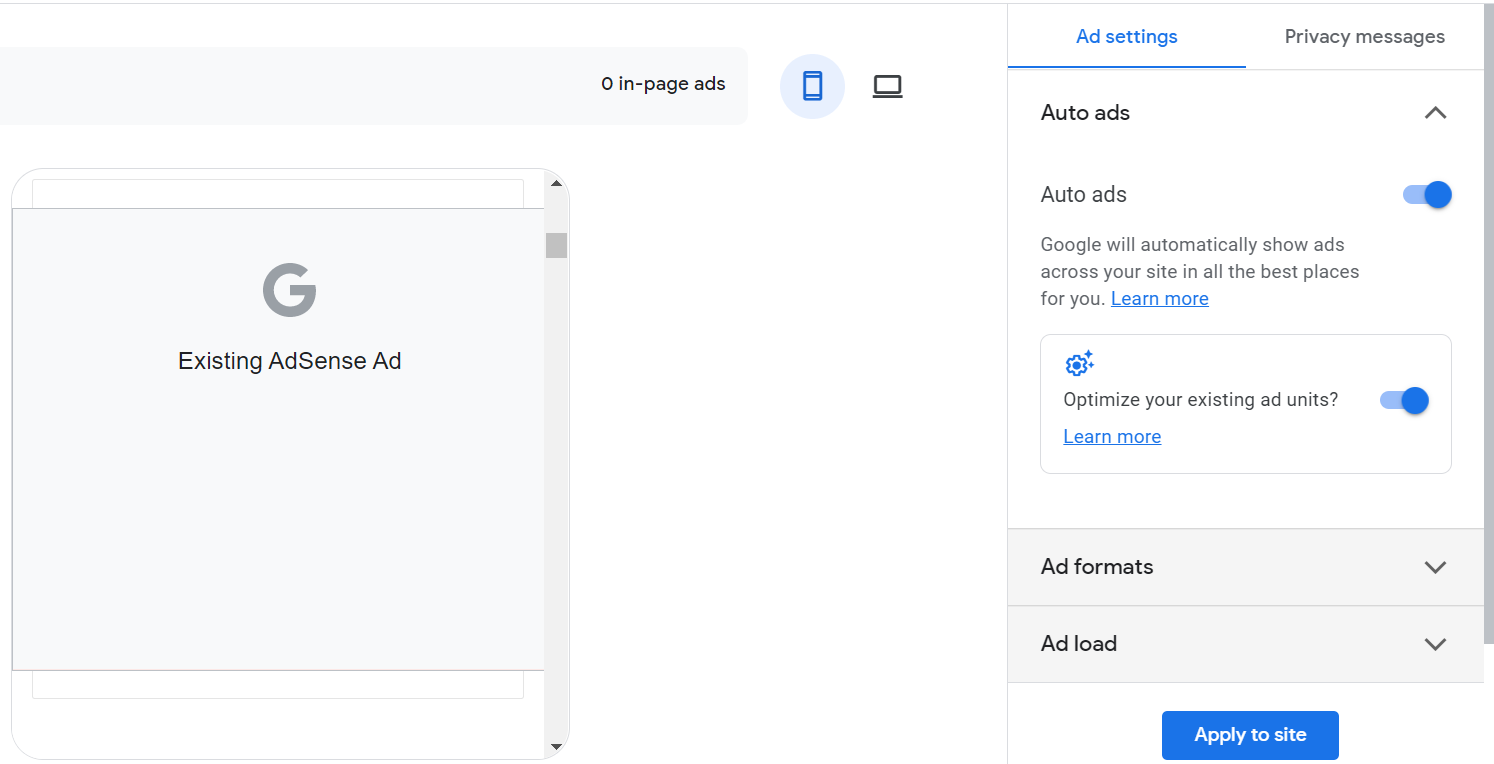Auto ads placement set to enable in Google adsense