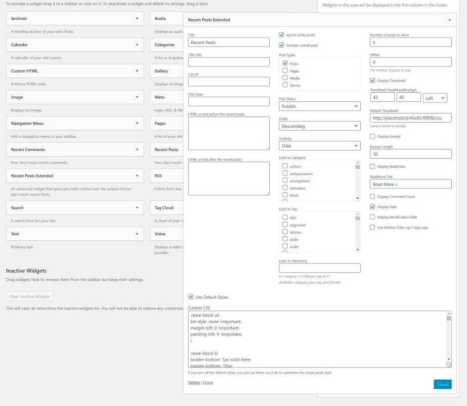 plugin widget features in WordPress dashboard. WordPress List Posts By Category