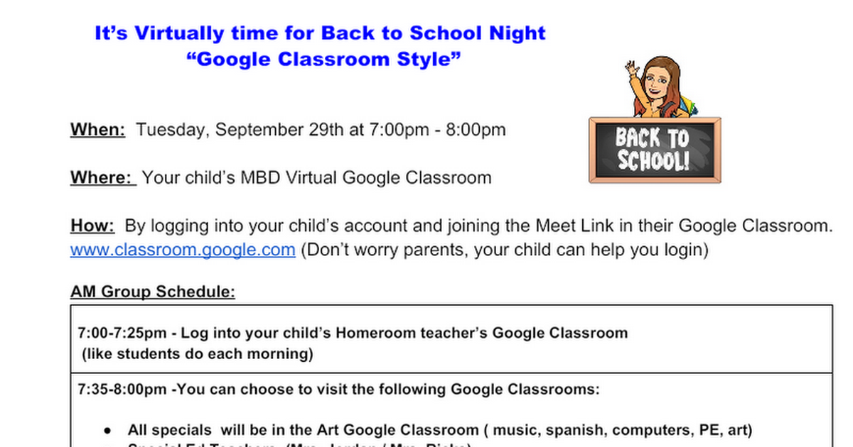 MBD Back to School Night Parent Flyer 2020