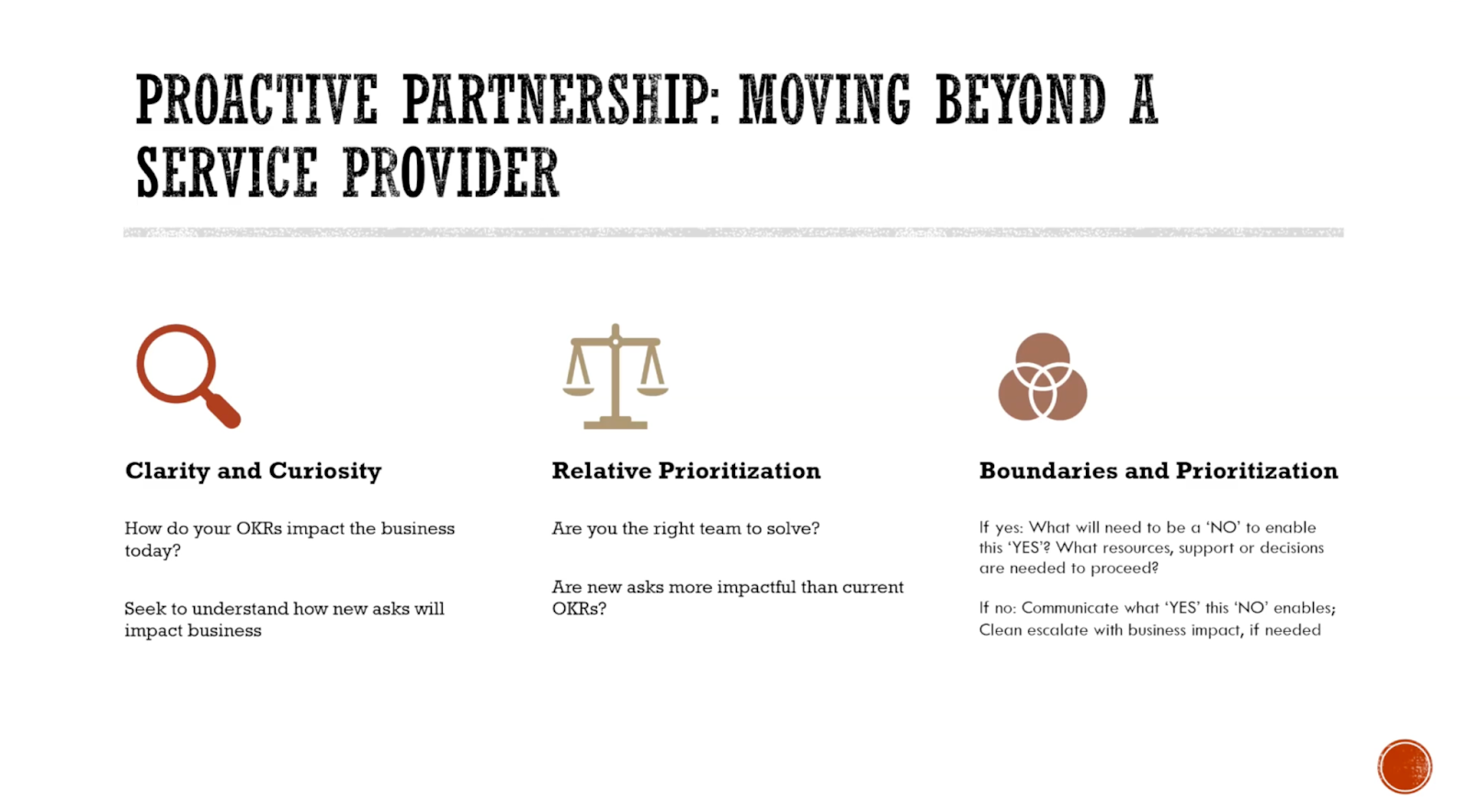 Moving beyond service provision with a proactive partnership: Clarity and curiosity, relative prioritization, boundaries and prioritization.
