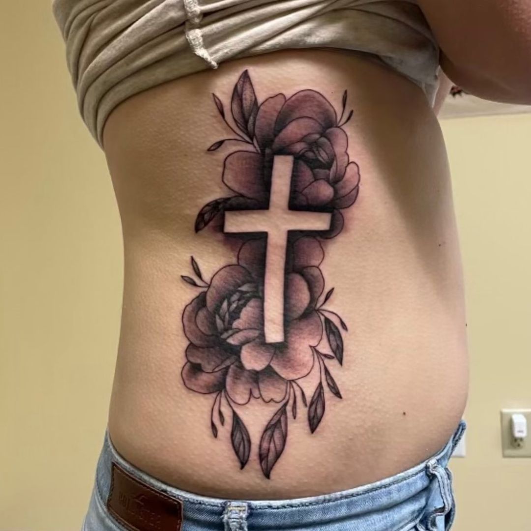 Black & Grey floral Cross Tattoo