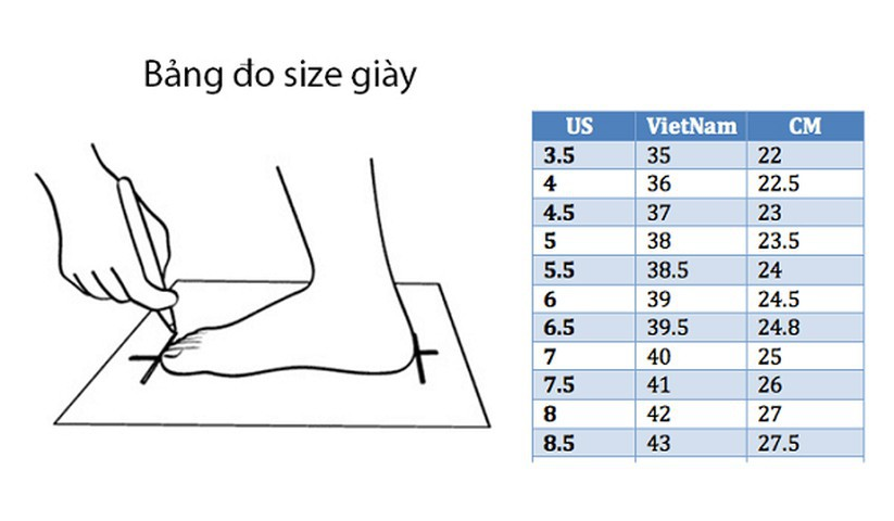 Bảng quy đổi kích cỡ chiều dài bàn chân sang size giày
