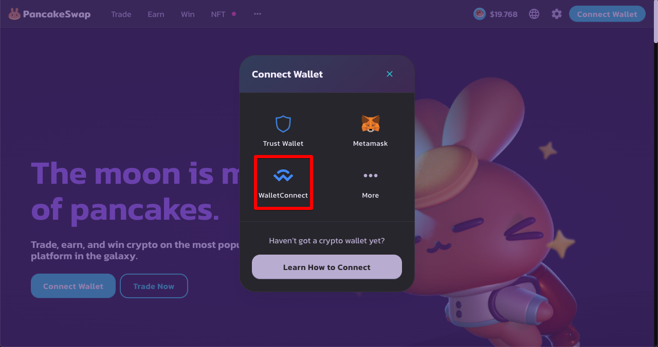Alt: “Wallet connection method selection on the PancakeSwap website