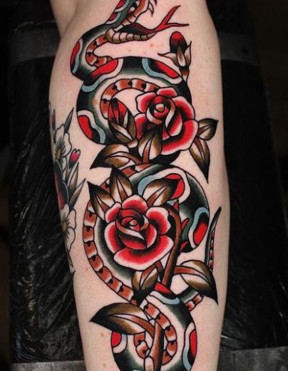 Lovely Red Flower With Scary Snake Tattoo