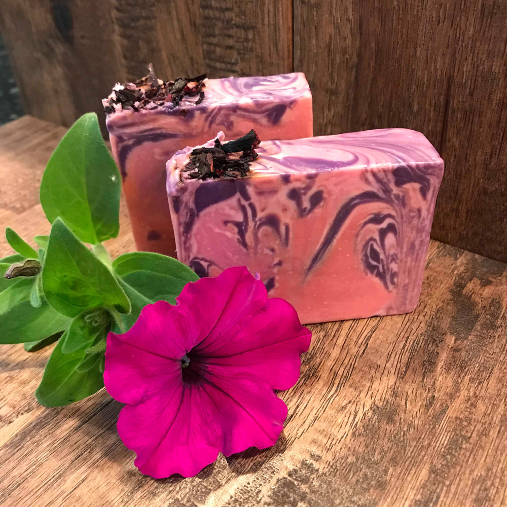 A purple and pink soap from Catalina's Cottage.