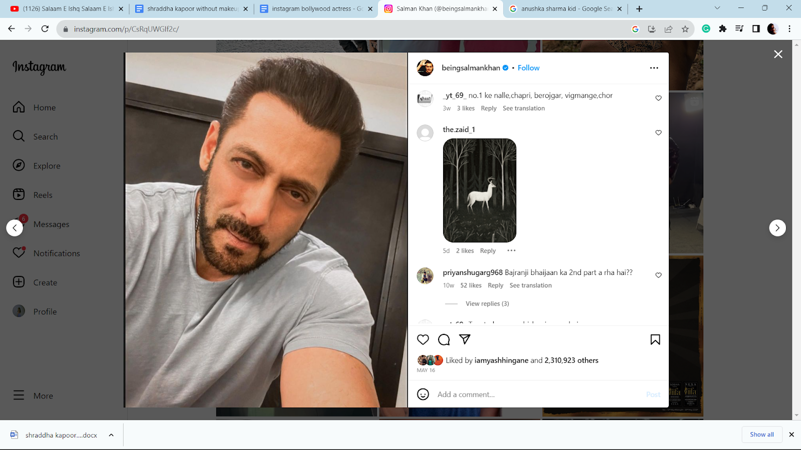 Actor Salman Khan on Instagram