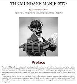 A screenshot of a document titled 'The Mundane Manifesto by Xarune of Erlendheim'. It includes a likeness of the fictional author as well as a preface.