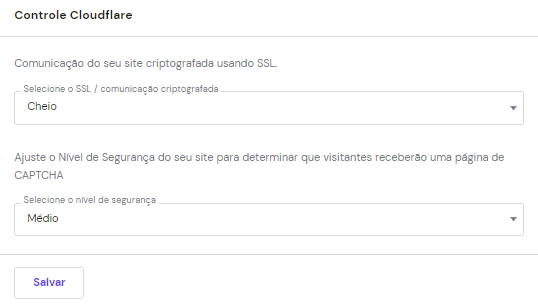 Configurações de controle do serviço Cloudflare na Hostinger