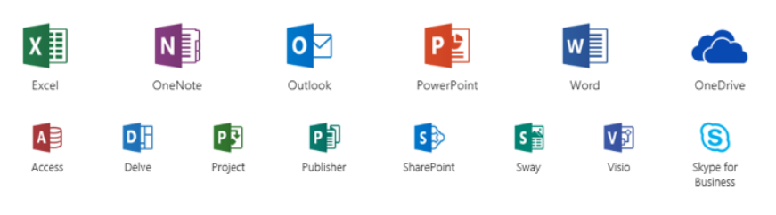 Image of Microsoft Applications. Text reads "Excel, OneNote, Outlook, PowerPoint, Word, OneDrive, Access, Delve, Project, Publisher, SharePoint, Sway, Visio, Skype for Business"