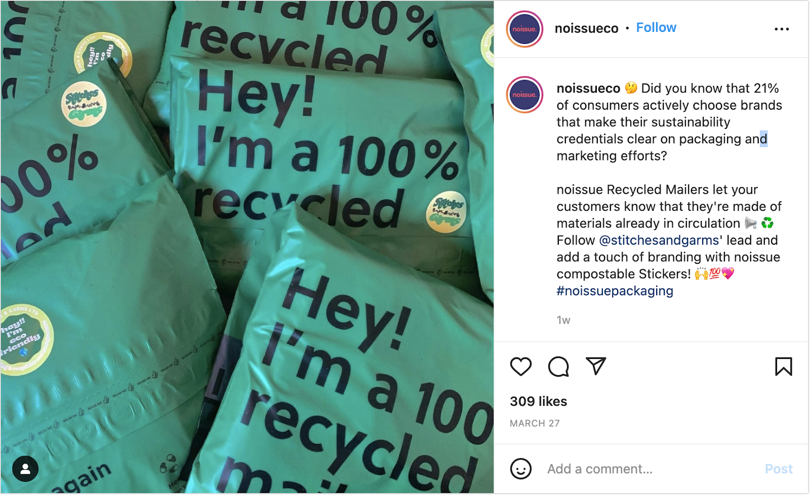 Noissue sustainable packaging Instagram example