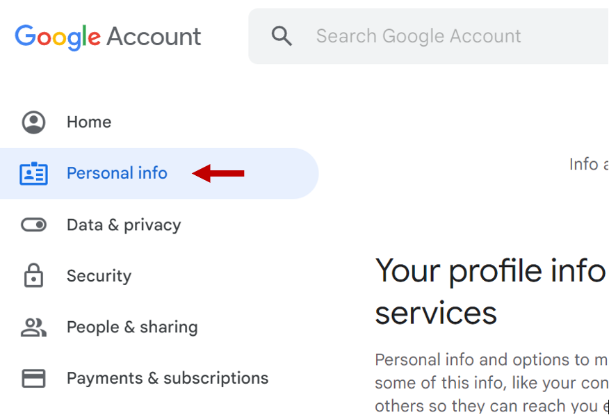 Image showing the "personal info" settings in Google