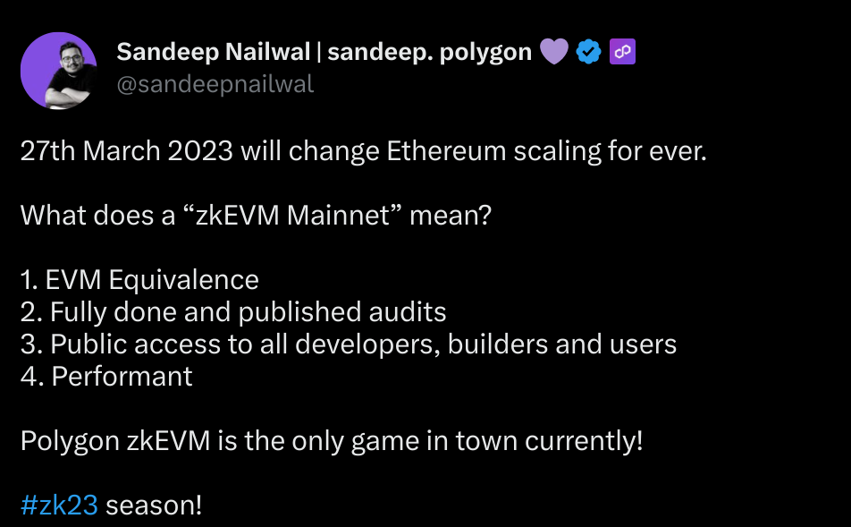 Sandeep Nailwal, co-fondateur de Polygon, a annoncé le lancement de la zkEVM de Polygon sur le mainnet