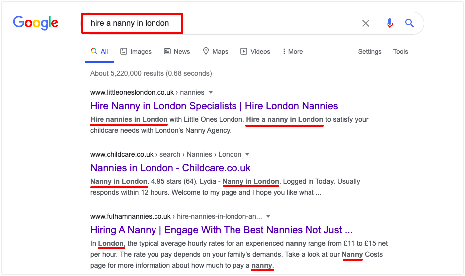 Example of highlighted keywords in SERPs