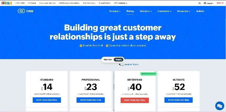 Página de precios de Zoho CRM