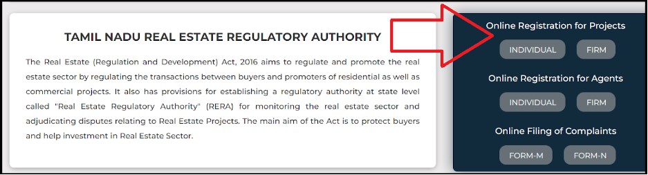 Screenshot of real estate project registration on TNRERA