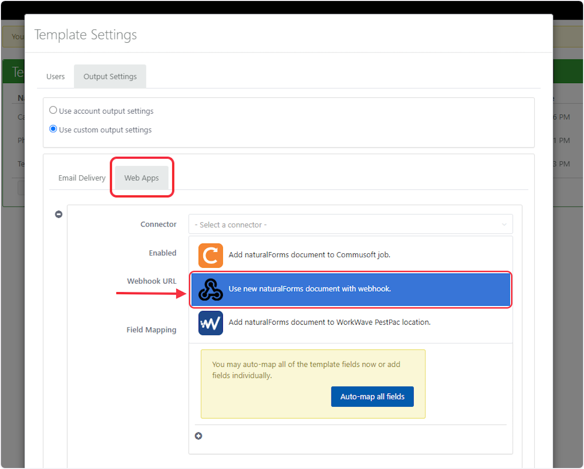 Now select the "Web Apps" and from "Connector" dropdown, choose "Use new naturalForms document with webhook".