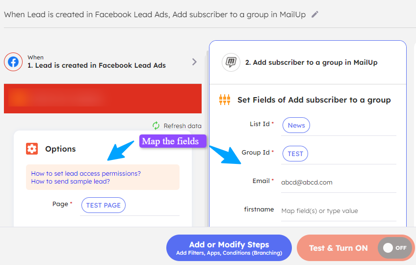 Mapping of fields for Facebook Lead Ads + MailUp integration