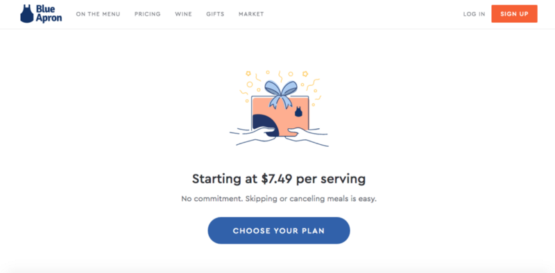 A screenshot of Blue Apron's landing page with only one simple CTA.