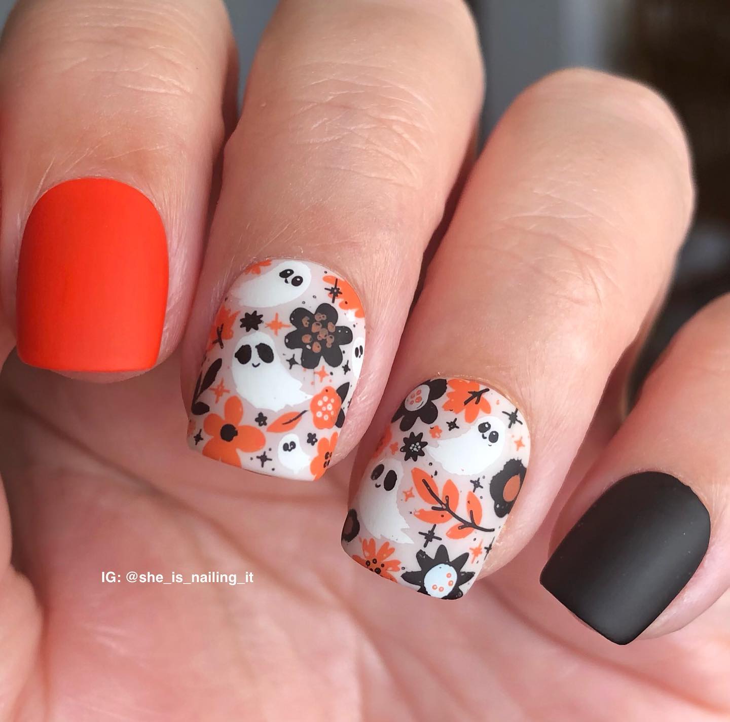 Short Orange Floral Nails