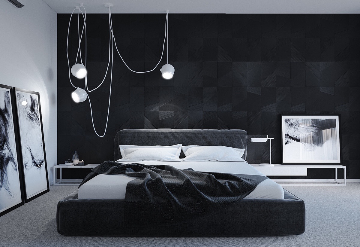 Contemporary Black bedroom with pendant lights