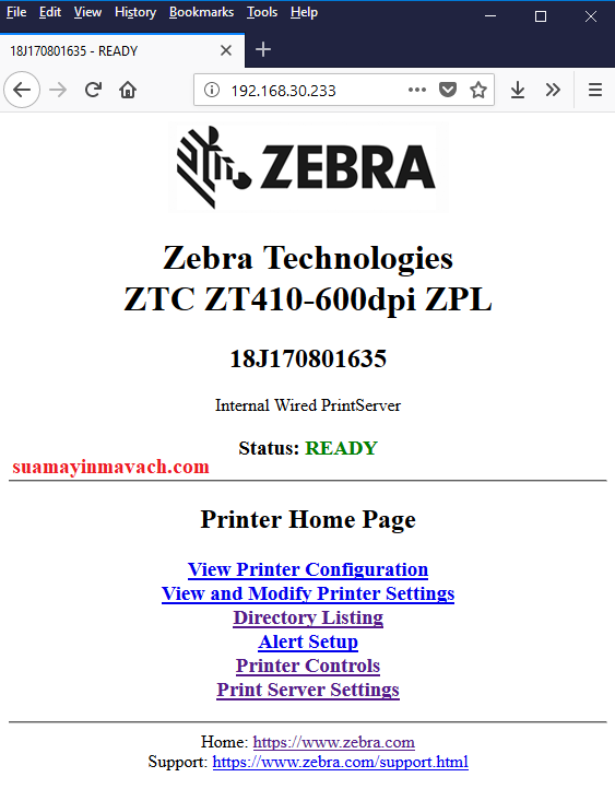 Factory may in Zebra ZT410 tren trinh duyet Web