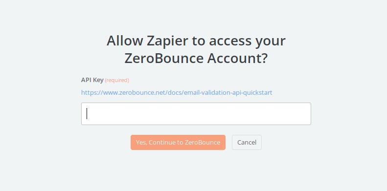 Screenshot showing the ZeroBounce-Zapier integration on light gray background with orange button.