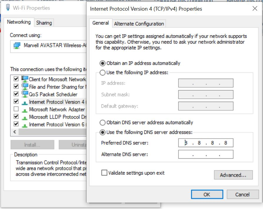 Windows IP configuration settings