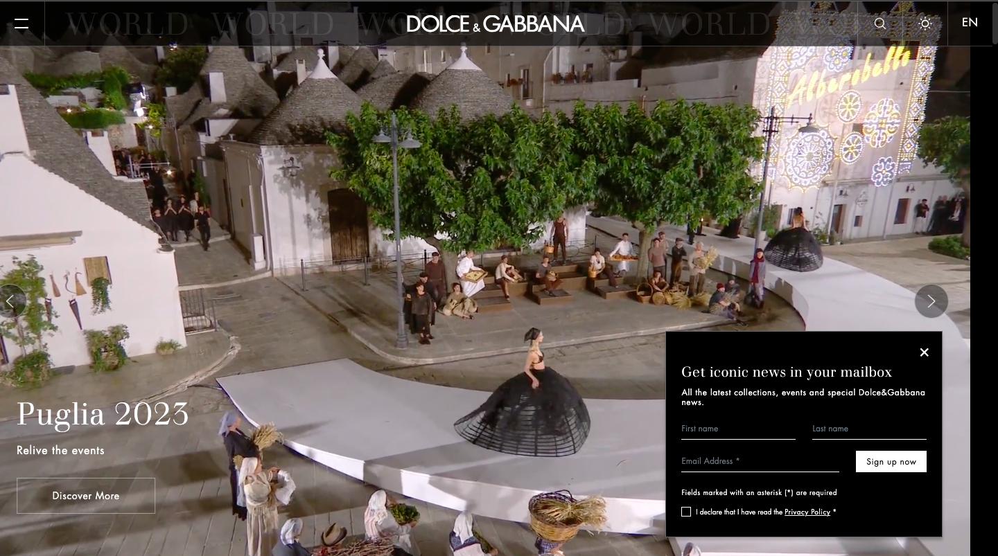 Popup auf der Website von Dolce & Gabbana