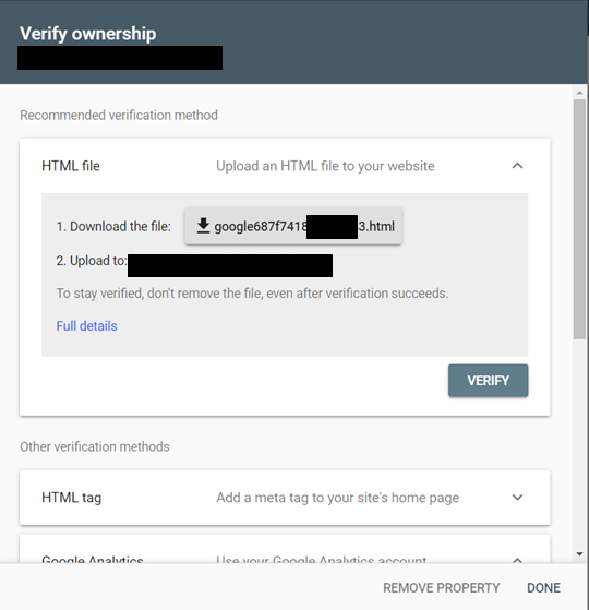 set up google search console: verify ownership