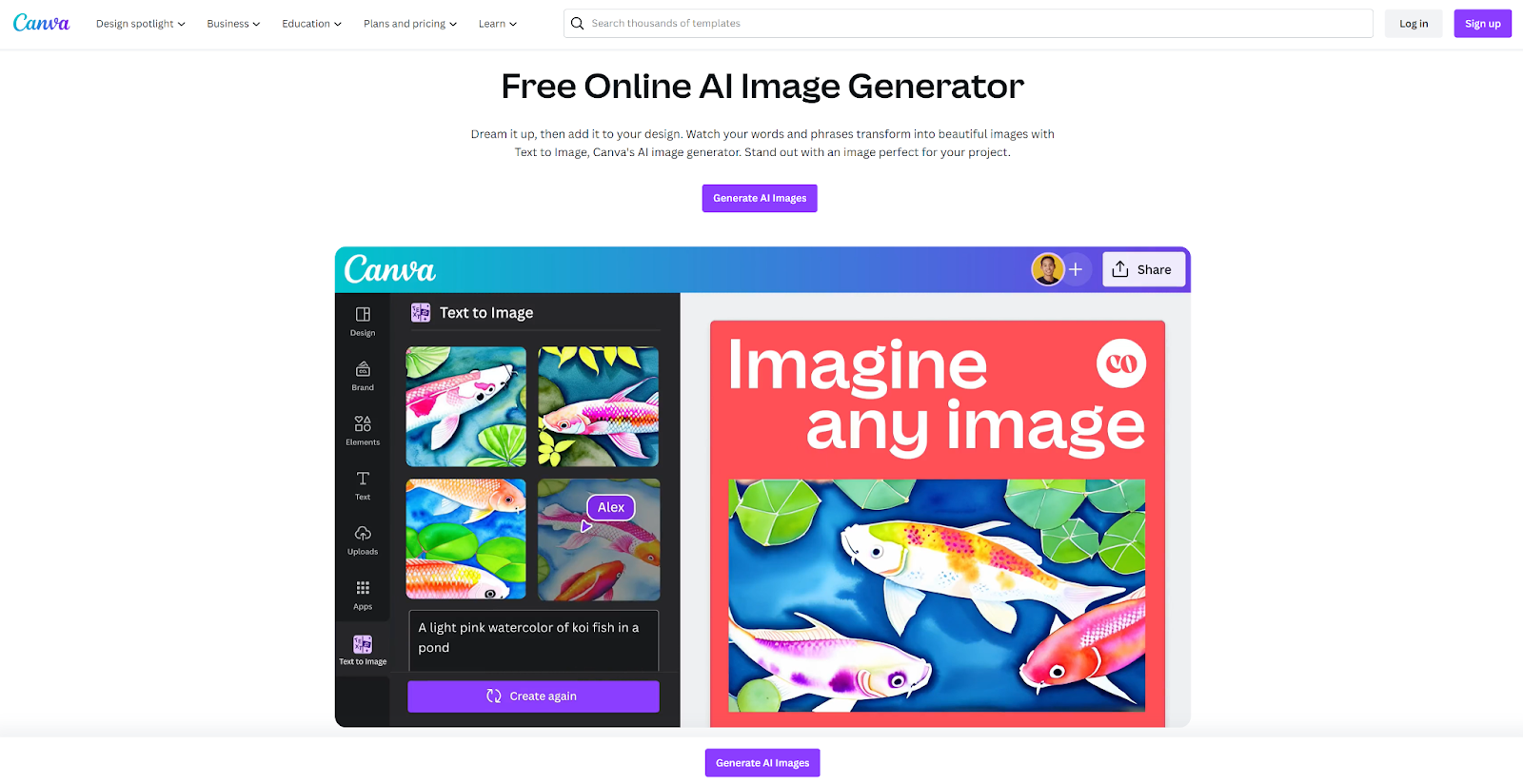 The Canva free online AI image generator homepage.