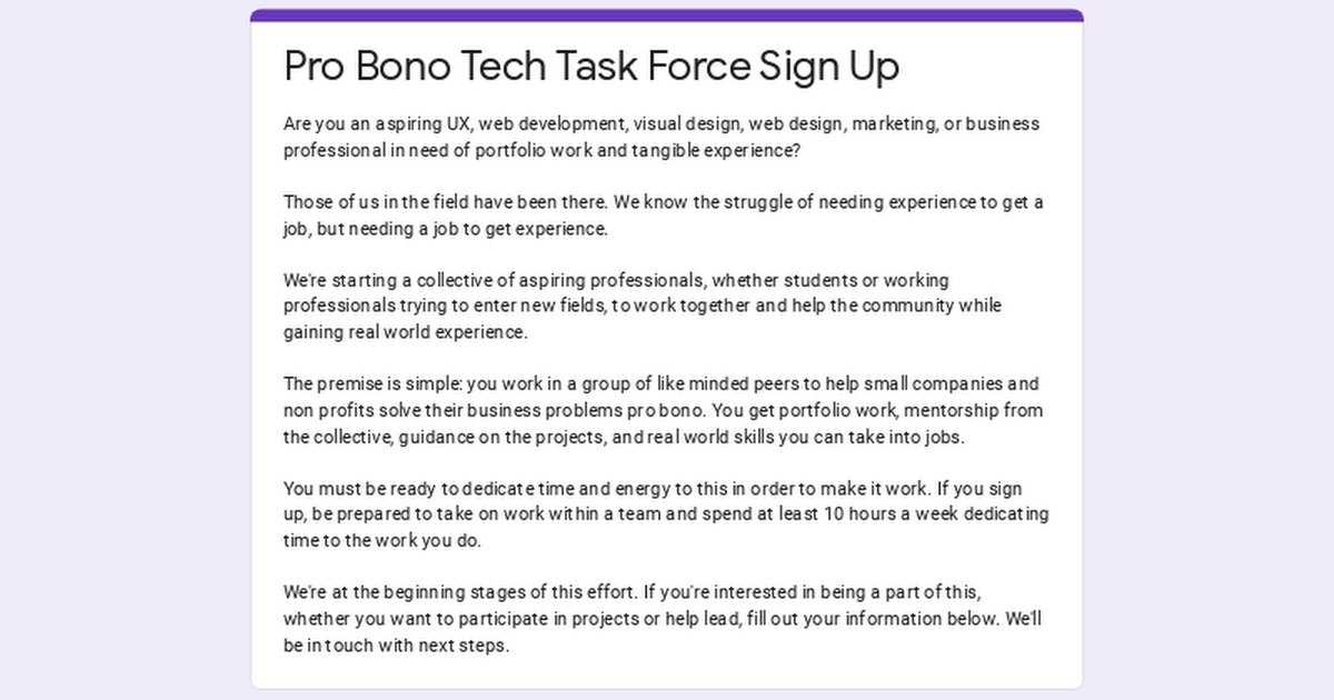 Pro Bono Tech Task Force Sign Up
