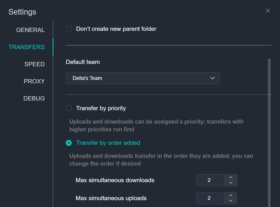 Screenshot of the MASV Desktop app's Transfer settings.