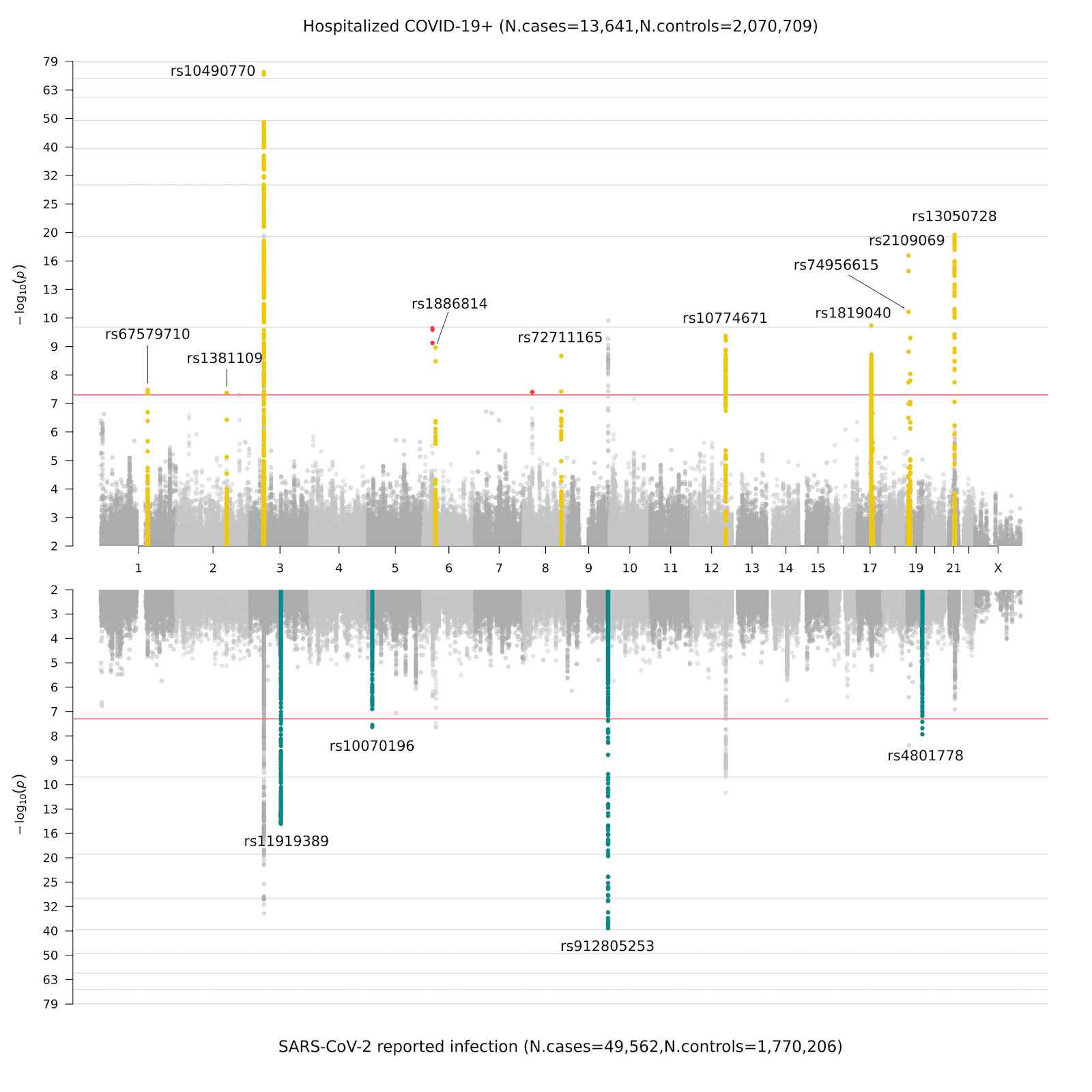 Figure 3. Miami plot of genome-wide association results for COVID-19.