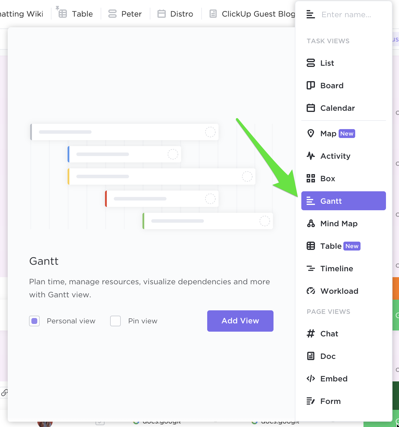 gantt view in clickup