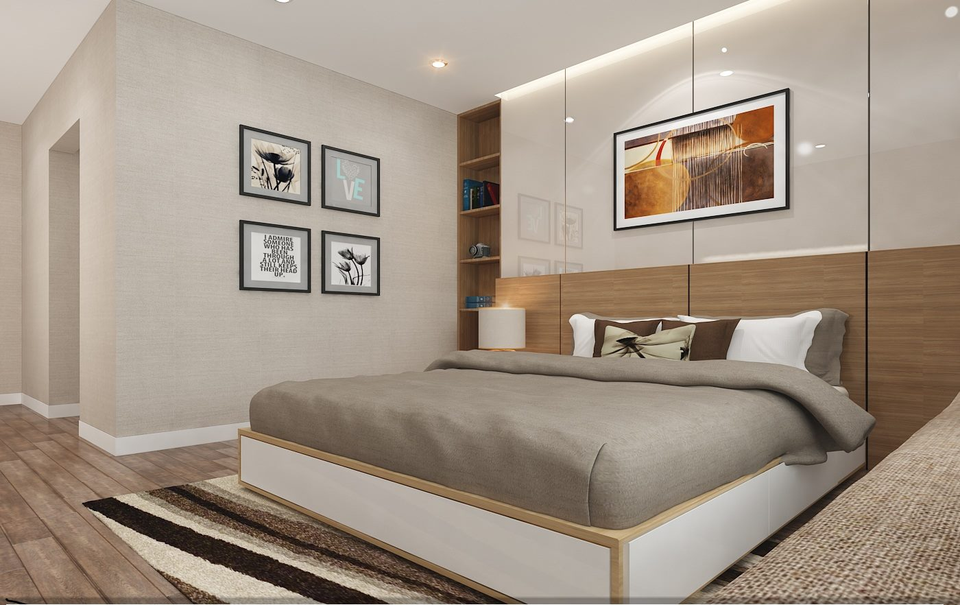 Phòng ngủ với giường ngủ và tủ quần áo được làm bằng gỗ MFC phủ Melamine màu trắng.
