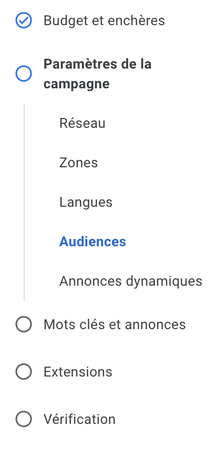 Audiences dans les paramètres d'une campagne Google Ads