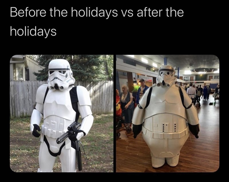 Star Wards Stormtrooper meme skinny and fat storm trooper before and after the holidays